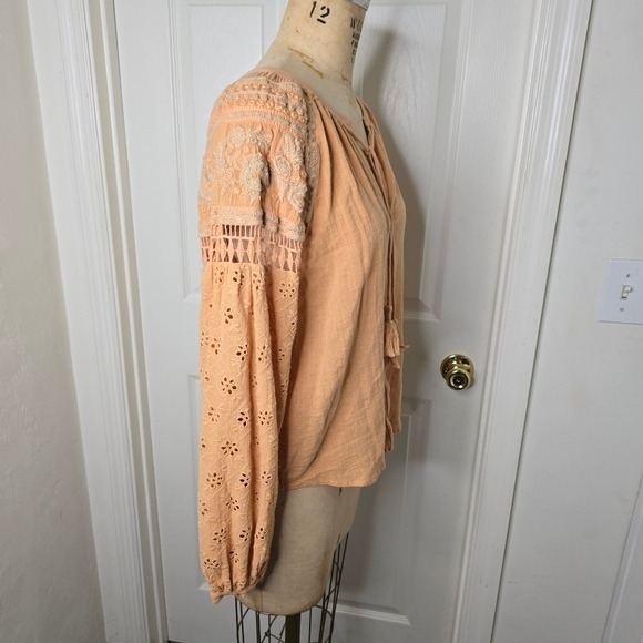 Nichole Miller Artelier cantaloupe linen embroidered womens long sleeve‎  top L - Picture 4 of 11